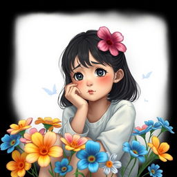 A serene scene depicting a puzzled girl sitting in a tranquil environment, surrounded by vibrant flowers that contrast with a black-themed background