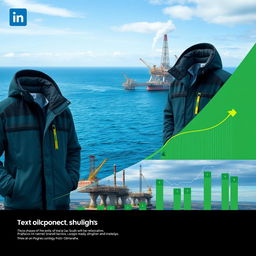 A creative LinkedIn profile cover photo design combining elements of jackets and a scenic seaside with oil and gas refinery structures resembling the phases of Iran's South Pars