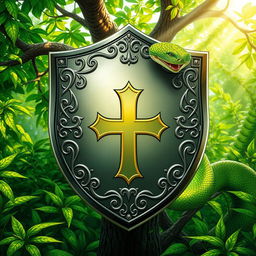 A detailed illustration of a shield with intricate designs, featuring a prominent cross in the center replacing the letter 'U'