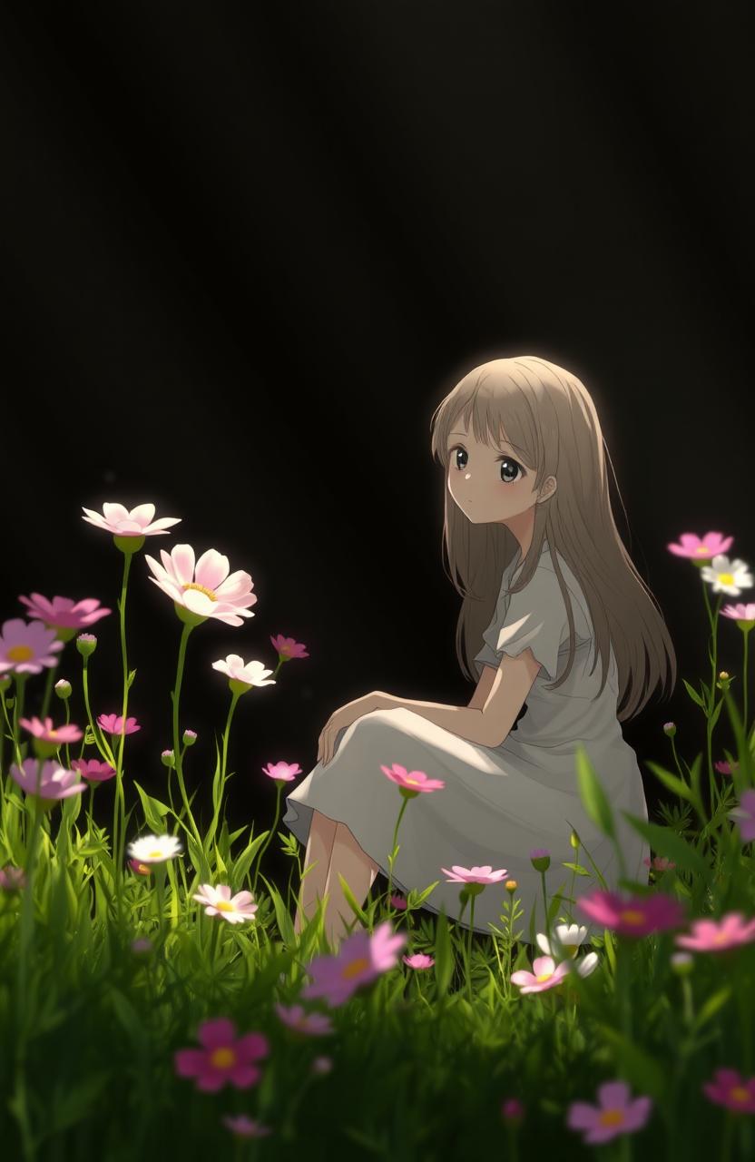 A serene and peaceful landscape with a girl sitting in contemplation, surrounded by vibrant flowers