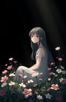 A serene and peaceful landscape with a girl sitting in contemplation, surrounded by vibrant flowers