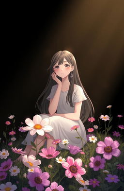 A serene and peaceful landscape with a girl sitting in contemplation, surrounded by vibrant flowers