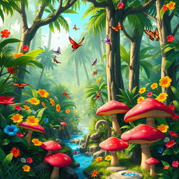 A vibrant and lively jungle environment rich with colorful elements, perfect for a platformer adventure game