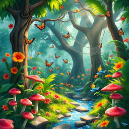 A vibrant and lively jungle environment rich with colorful elements, perfect for a platformer adventure game
