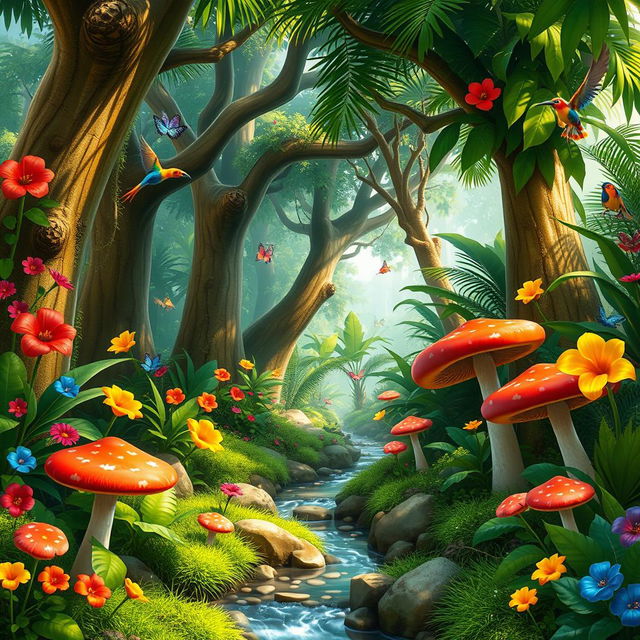 A vibrant and lively jungle environment rich with colorful elements, perfect for a platformer adventure game