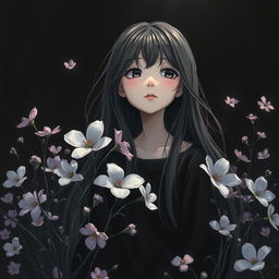 A tranquil and peaceful setting featuring a girl lost in thought, surrounded by delicate flowers that add a touch of color to the scene