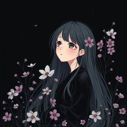 A tranquil and peaceful setting featuring a girl lost in thought, surrounded by delicate flowers that add a touch of color to the scene