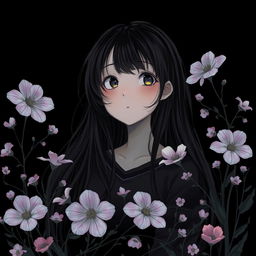 A tranquil and peaceful setting featuring a girl lost in thought, surrounded by delicate flowers that add a touch of color to the scene