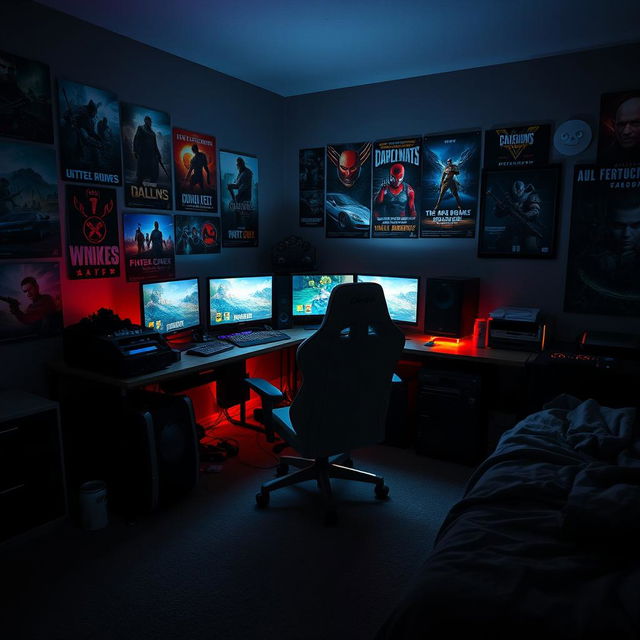 A lonely gamer's room, dimly lit and filled with gaming paraphernalia