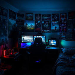 A lonely gamer's room, dimly lit and filled with gaming paraphernalia