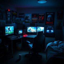 A lonely gamer's room, dimly lit and filled with gaming paraphernalia