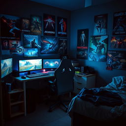 A lonely gamer's room, dimly lit and filled with gaming paraphernalia