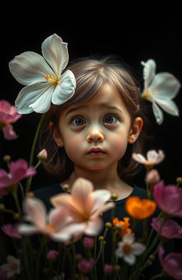 A thoughtful young girl with a puzzled expression standing in a serene and peaceful place, surrounded by delicate flowers in various colors