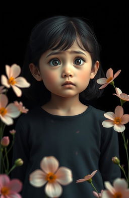 A thoughtful young girl with a puzzled expression standing in a serene and peaceful place, surrounded by delicate flowers in various colors