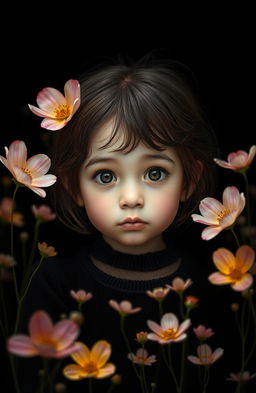 A thoughtful young girl with a puzzled expression standing in a serene and peaceful place, surrounded by delicate flowers in various colors