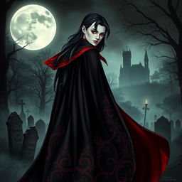 A striking vampire character design for a gothic novel cover, featuring a tall, elegant vampire with an ornate black and crimson cloak that billows dramatically