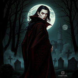 A striking vampire character design for a gothic novel cover, featuring a tall, elegant vampire with an ornate black and crimson cloak that billows dramatically