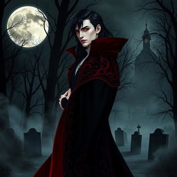 A striking vampire character design for a gothic novel cover, featuring a tall, elegant vampire with an ornate black and crimson cloak that billows dramatically