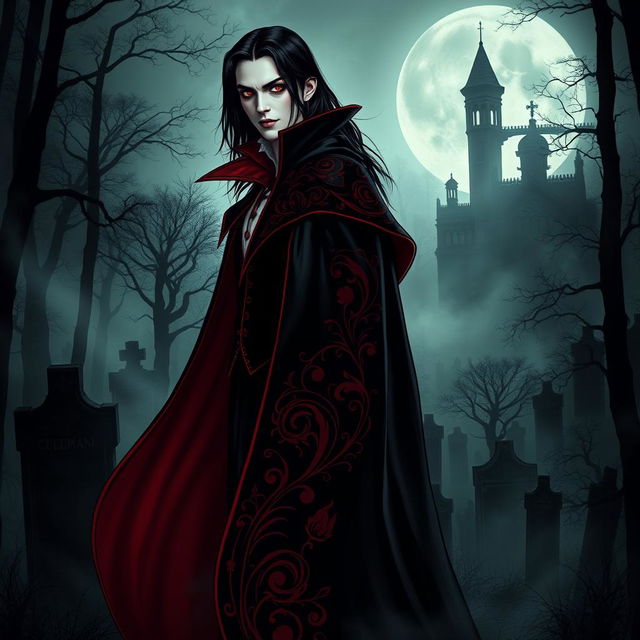 A striking vampire character design for a gothic novel cover, featuring a tall, elegant vampire with an ornate black and crimson cloak that billows dramatically