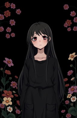 A girl with a puzzled expression standing in a peaceful place surrounded by beautiful flowers