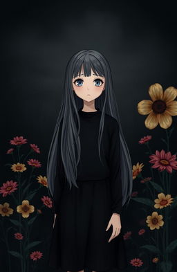 A girl with a puzzled expression standing in a peaceful place surrounded by beautiful flowers