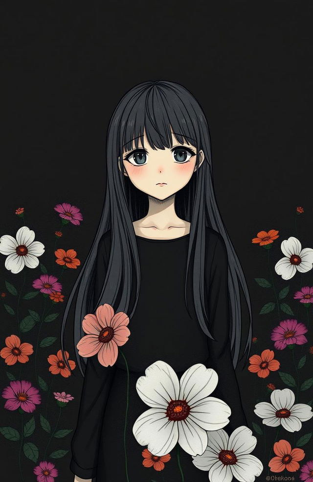 A girl with a puzzled expression standing in a peaceful place surrounded by beautiful flowers