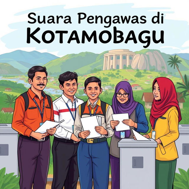 An illustration or image depicting the theme 'Suara Pengawas di Kotamobagu', showcasing a group of local election monitors actively engaging with the community