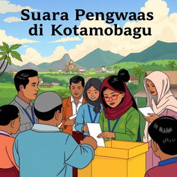 An illustration or image depicting the theme 'Suara Pengawas di Kotamobagu', showcasing a group of local election monitors actively engaging with the community