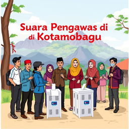 An illustration or image depicting the theme 'Suara Pengawas di Kotamobagu', showcasing a group of local election monitors actively engaging with the community