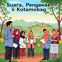 An illustration or image depicting the theme 'Suara Pengawas di Kotamobagu', showcasing a group of local election monitors actively engaging with the community