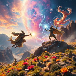 A breathtaking scene of a mythological battle between deities of film and ancient mythological gods on a stunningly beautiful planet