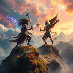 A breathtaking scene of a mythological battle between deities of film and ancient mythological gods on a stunningly beautiful planet