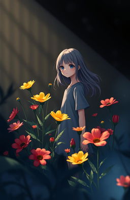 A serene, peaceful scene set in a tranquil, dark-themed environment
