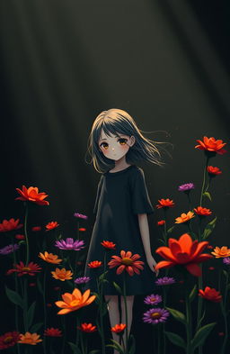 A serene, peaceful scene set in a tranquil, dark-themed environment