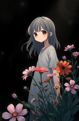 A serene, peaceful scene set in a tranquil, dark-themed environment