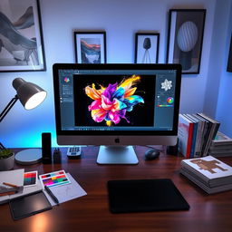 A digital graphic design workspace featuring a computer screen with Adobe Photoshop open, displaying a vibrant and colorful abstract art piece