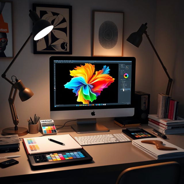 A digital graphic design workspace featuring a computer screen with Adobe Photoshop open, displaying a vibrant and colorful abstract art piece