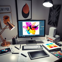 A digital graphic design workspace featuring a computer screen with Adobe Photoshop open, displaying a vibrant and colorful abstract art piece