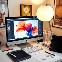 A digital graphic design workspace featuring a computer screen with Adobe Photoshop open, displaying a vibrant and colorful abstract art piece