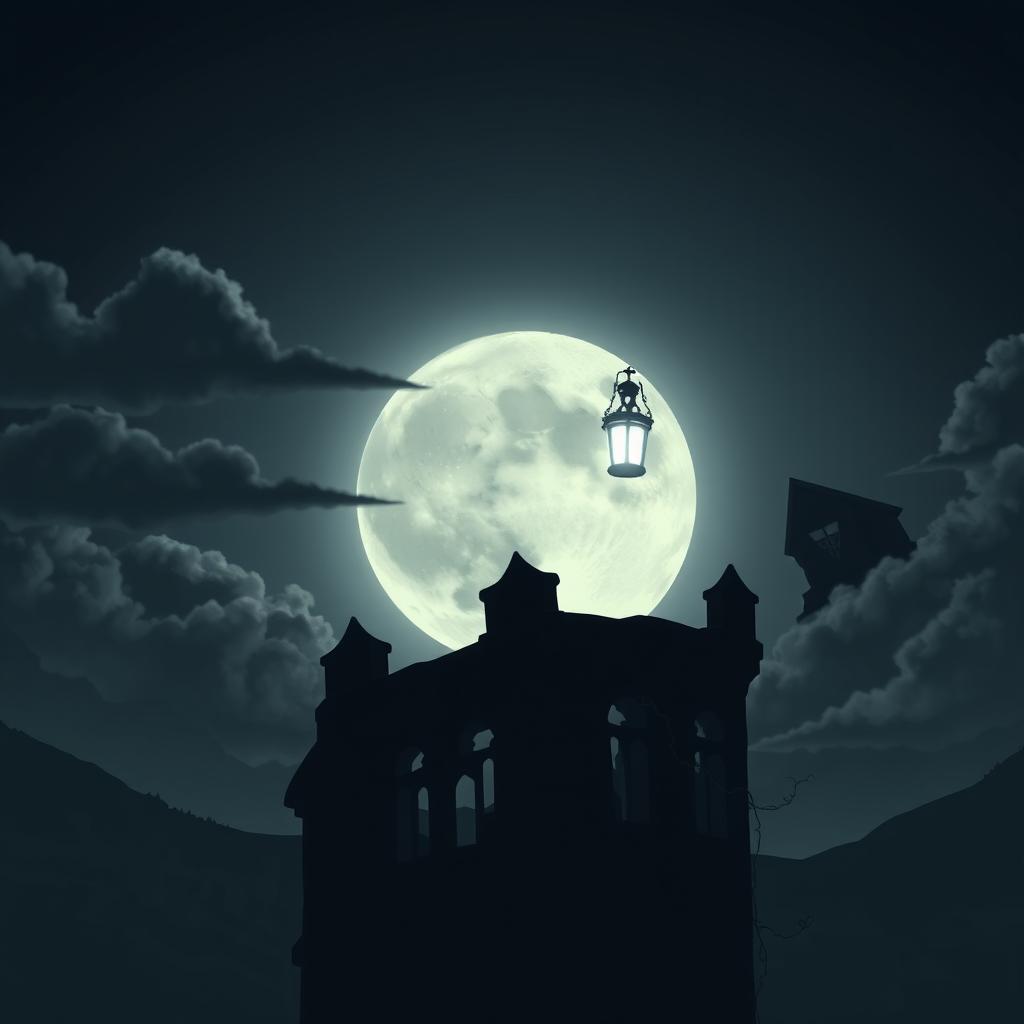 A stylized, dark silhouette of a vigilant watchman standing on a gothic-style tower overlooking a moonlit landscape