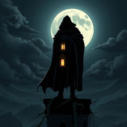 A stylized, dark silhouette of a vigilant watchman standing on a gothic-style tower overlooking a moonlit landscape