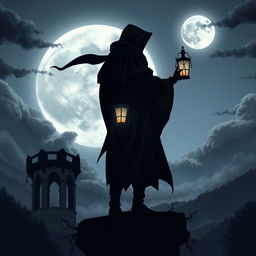 A stylized, dark silhouette of a vigilant watchman standing on a gothic-style tower overlooking a moonlit landscape