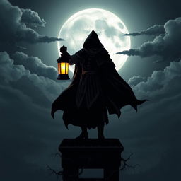 A stylized, dark silhouette of a vigilant watchman standing on a gothic-style tower overlooking a moonlit landscape