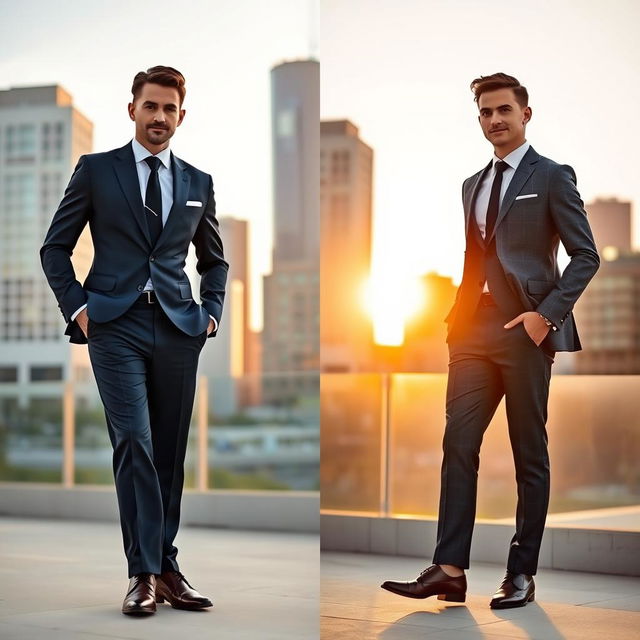 A stylish man in two different tailored suits, standing confidently in a modern urban setting