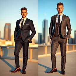 A stylish man in two different tailored suits, standing confidently in a modern urban setting