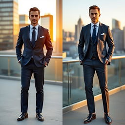 A stylish man in two different tailored suits, standing confidently in a modern urban setting