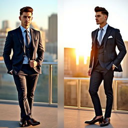 A stylish man in two different tailored suits, standing confidently in a modern urban setting