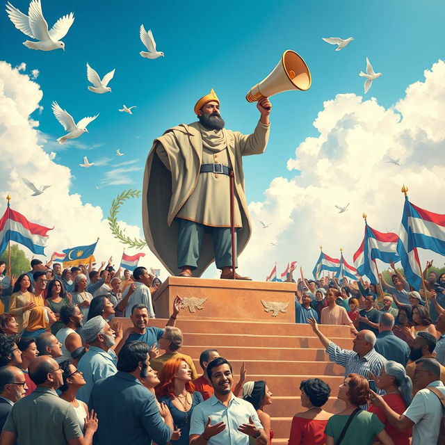 An artistic representation of the essence of democracy embodied in a powerful figure, a watchman symbolizing the voice of democracy