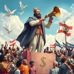 An artistic representation of the essence of democracy embodied in a powerful figure, a watchman symbolizing the voice of democracy