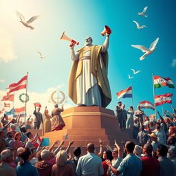 An artistic representation of the essence of democracy embodied in a powerful figure, a watchman symbolizing the voice of democracy